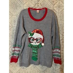 Ugly Christmas Sweater Cat w/ Glasses Scarf Women's 3X 22W/24W holiday xmas EUC